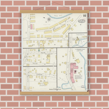 Old map wall art mockup — magnetic wood frame on brick wall — Sanborn Fire Insurance Map from Amesbury, Essex County, Massachusetts (1894), Sheet #0012