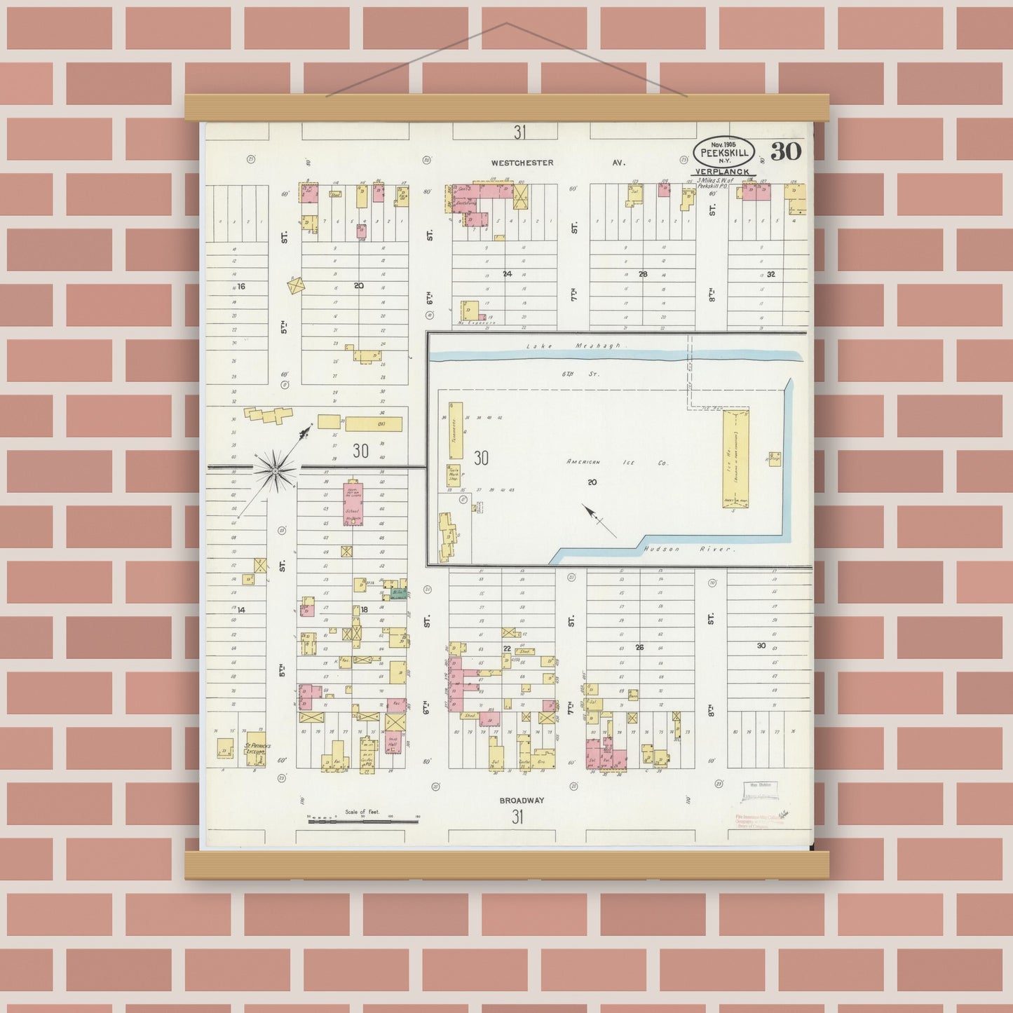 Old map wall art mockup — magnetic wood frame on brick wall — Sanborn Fire Insurance Map from Peekskill, Westchester County, New York (1905), Sheet #0030