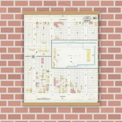 Old map wall art mockup — magnetic wood frame on brick wall — Sanborn Fire Insurance Map from Peekskill, Westchester County, New York (1905), Sheet #0030