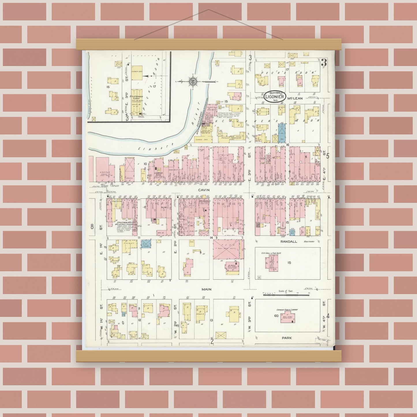 Old map wall art mockup — magnetic wood frame on brick wall — Sanborn Fire Insurance Map from Ligonier, Noble County, Indiana (1914), Sheet #0003