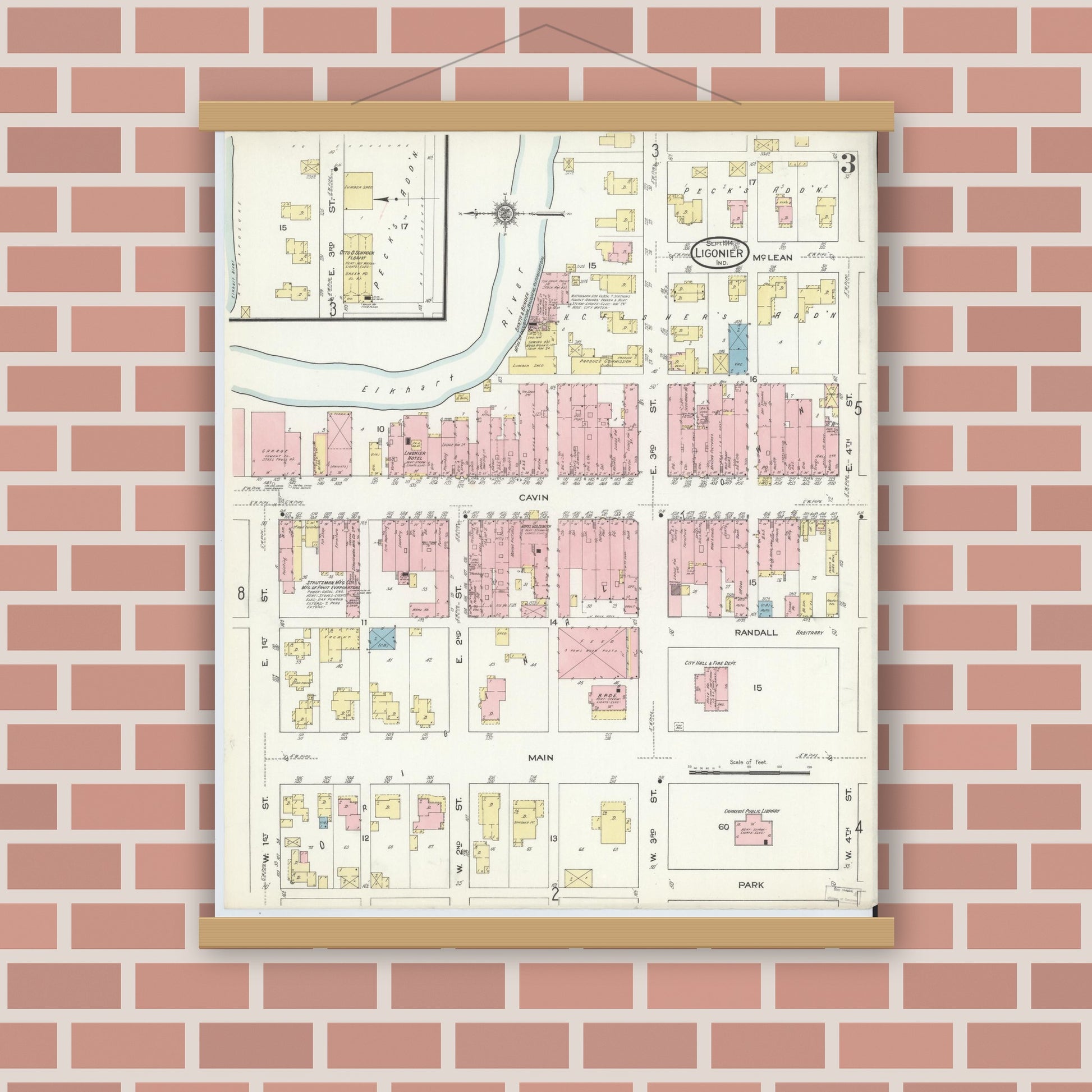 Old map wall art mockup — magnetic wood frame on brick wall — Sanborn Fire Insurance Map from Ligonier, Noble County, Indiana (1914), Sheet #0003