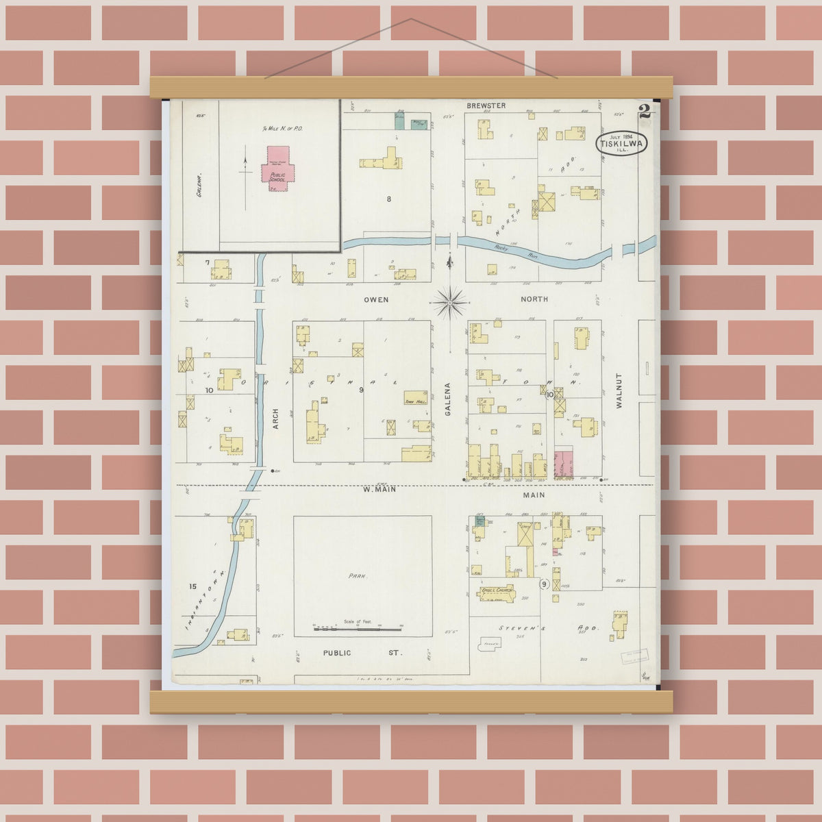 Old map wall art mockup — magnetic wood frame on brick wall — Sanborn Fire Insurance Map from Tiskilwa, Bureau County, Illinois (1894), Sheet #0002