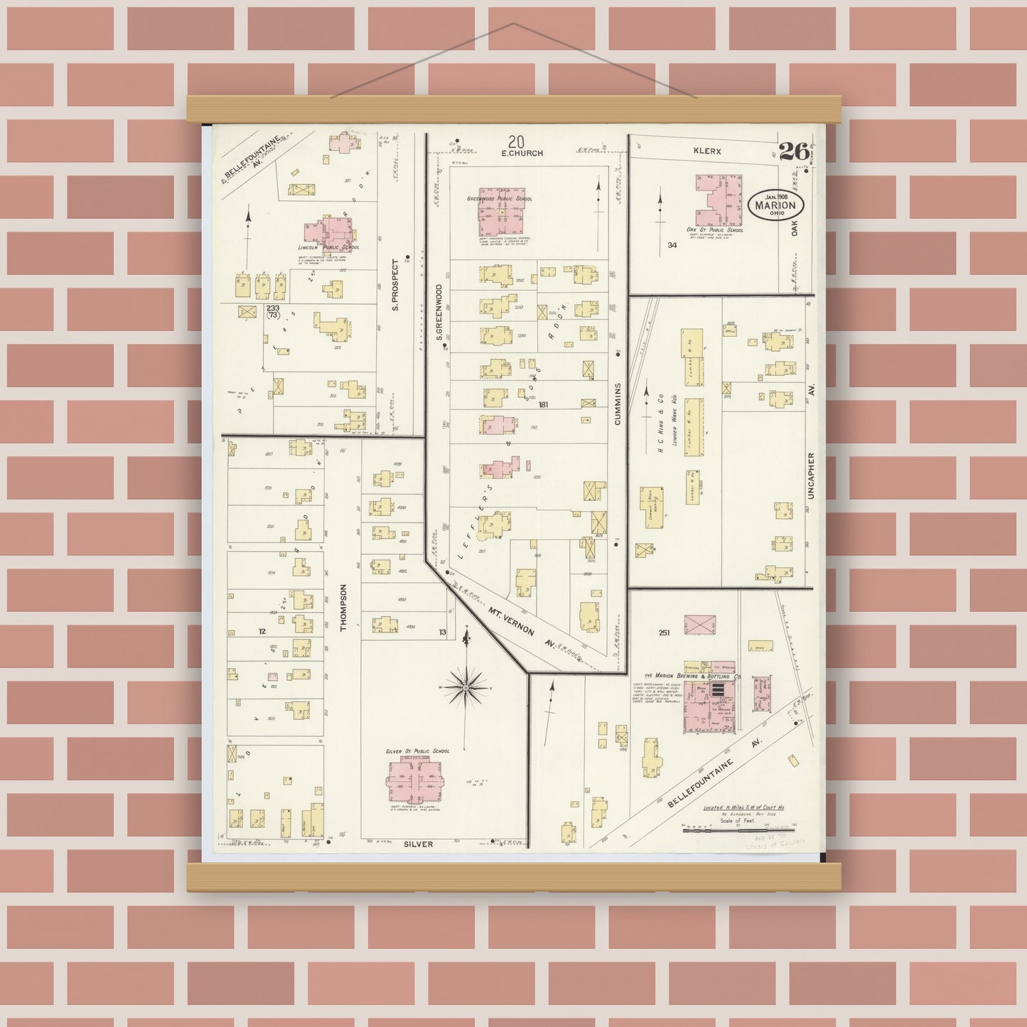 Old map wall art mockup — magnetic wood frame on brick wall — Sanborn Fire Insurance Map from Marion, Marion County, Ohio (1908), Sheet #0026