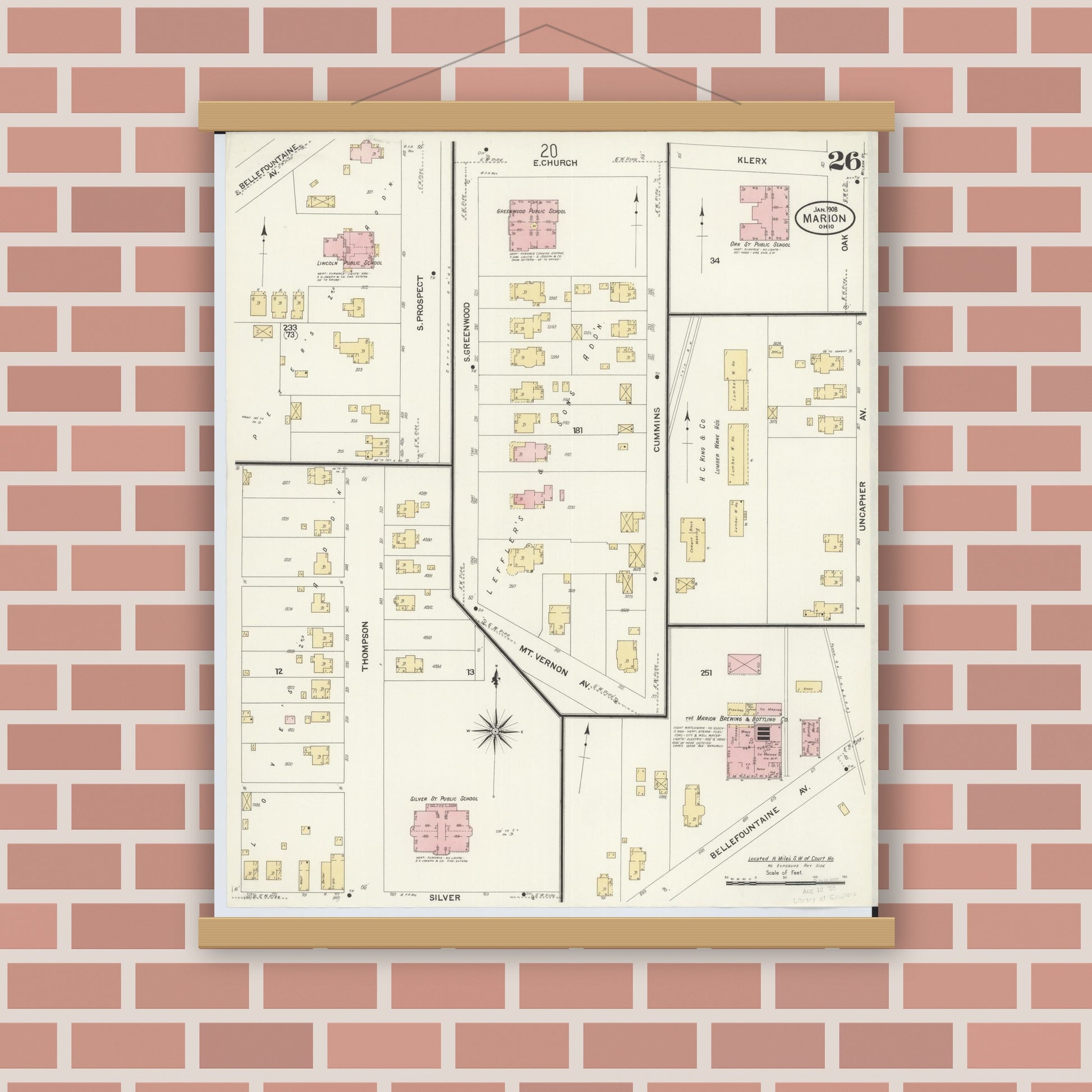 Old map wall art mockup — magnetic wood frame on brick wall — Sanborn Fire Insurance Map from Marion, Marion County, Ohio (1908), Sheet #0026