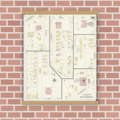 Old map wall art mockup — magnetic wood frame on brick wall — Sanborn Fire Insurance Map from Marion, Marion County, Ohio (1908), Sheet #0026