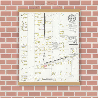 Old map wall art mockup — magnetic wood frame on brick wall — Sanborn Fire Insurance Map from Waltham, Middlesex County, Massachusetts (1892), Sheet #0001