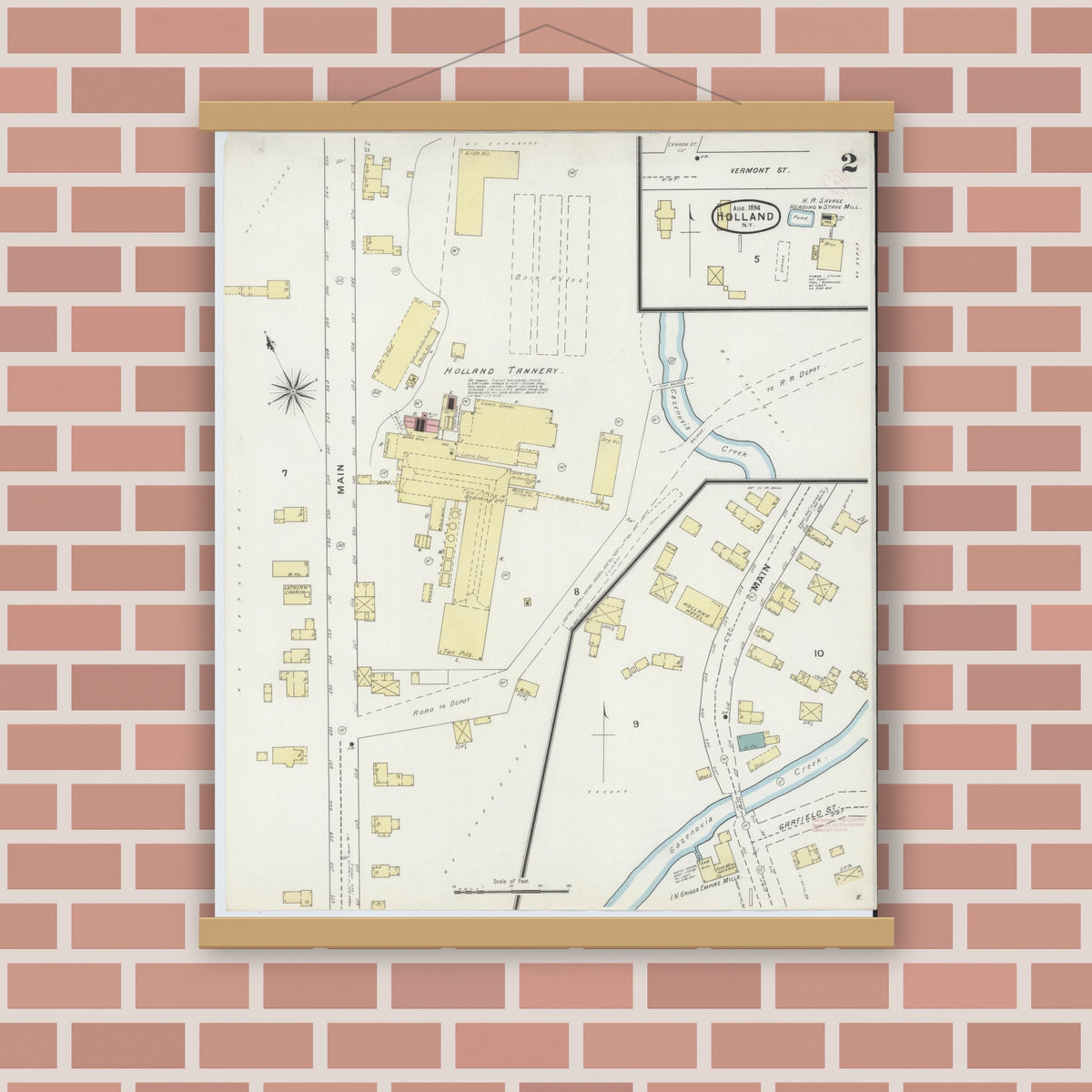 Old map wall art mockup — magnetic wood frame on brick wall — Sanborn Fire Insurance Map from Holland, Erie County, New York (1894), Sheet #0002
