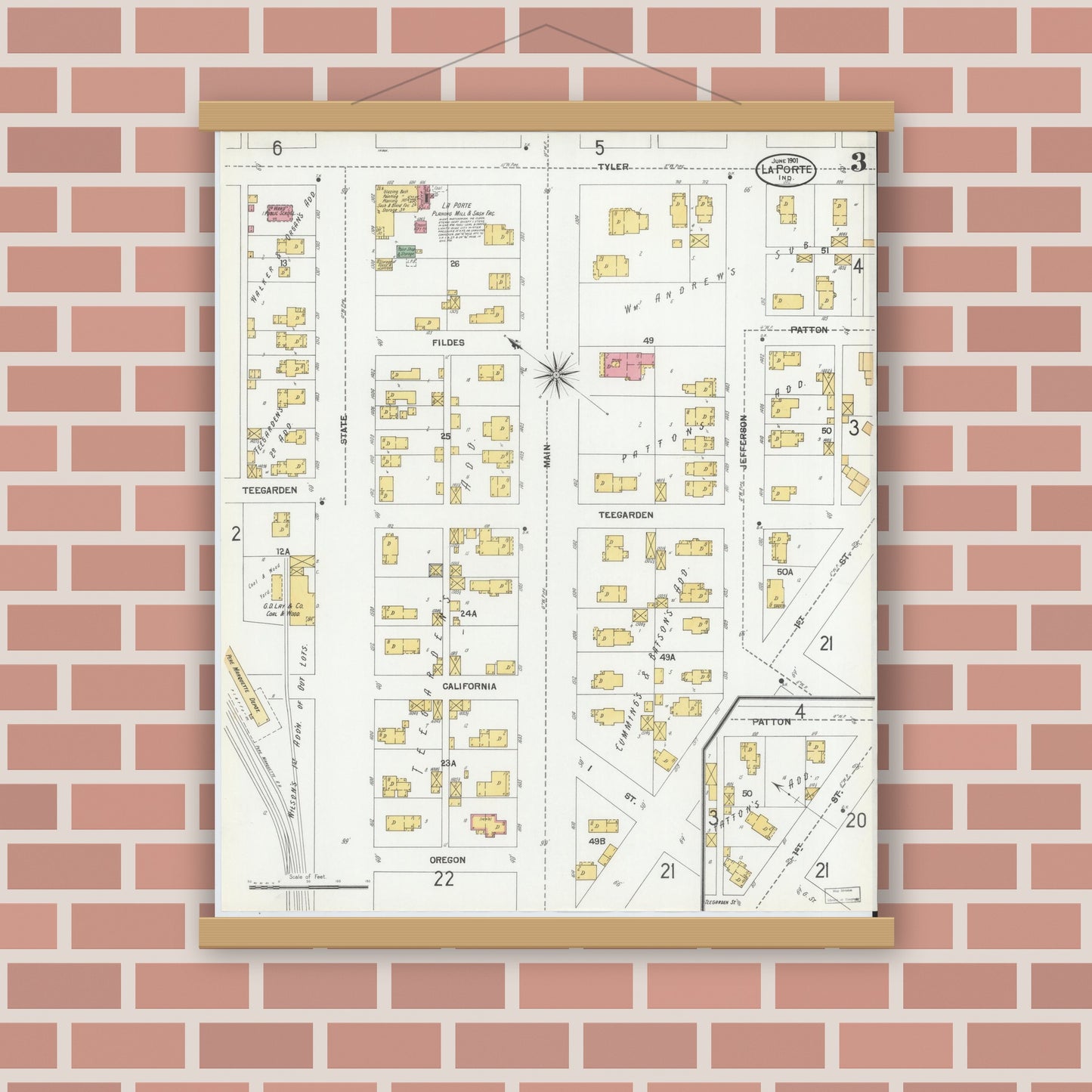 Old map wall art mockup — magnetic wood frame on brick wall — Sanborn Fire Insurance Map from La Porte, La Porte County, Indiana (1901), Sheet #0003