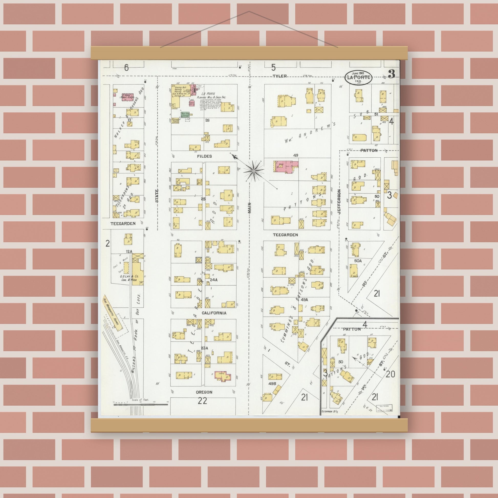 Old map wall art mockup — magnetic wood frame on brick wall — Sanborn Fire Insurance Map from La Porte, La Porte County, Indiana (1901), Sheet #0003