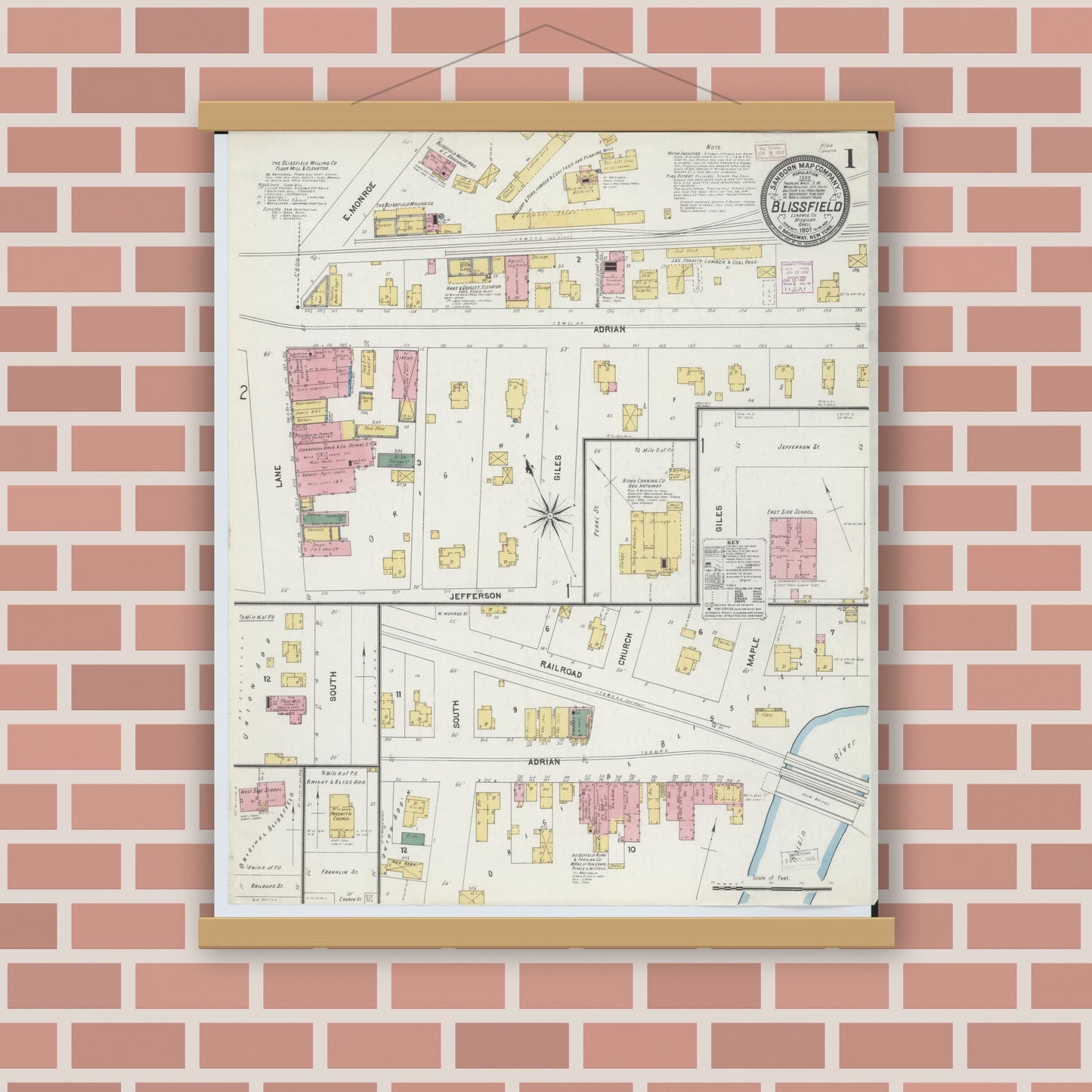 Old map wall art mockup — magnetic wood frame on brick wall — Sanborn Fire Insurance Map from Blissfield, Lenawee County, Michigan (1907) - Complete Map Set