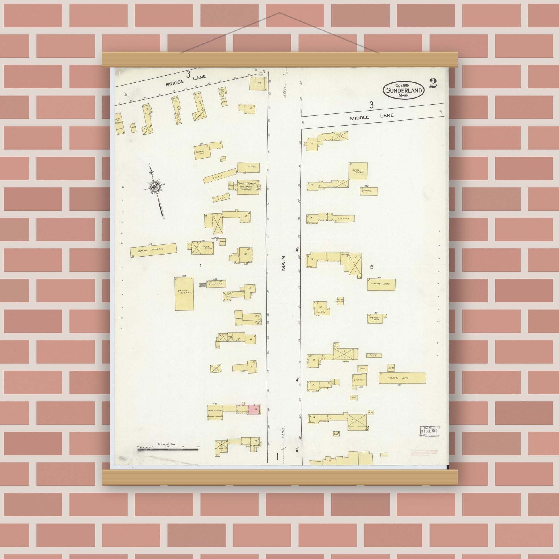 Old map wall art mockup — magnetic wood frame on brick wall — Sanborn Fire Insurance Map from Sunderland, Franklin County, Massachusetts (1915), Sheet #0002