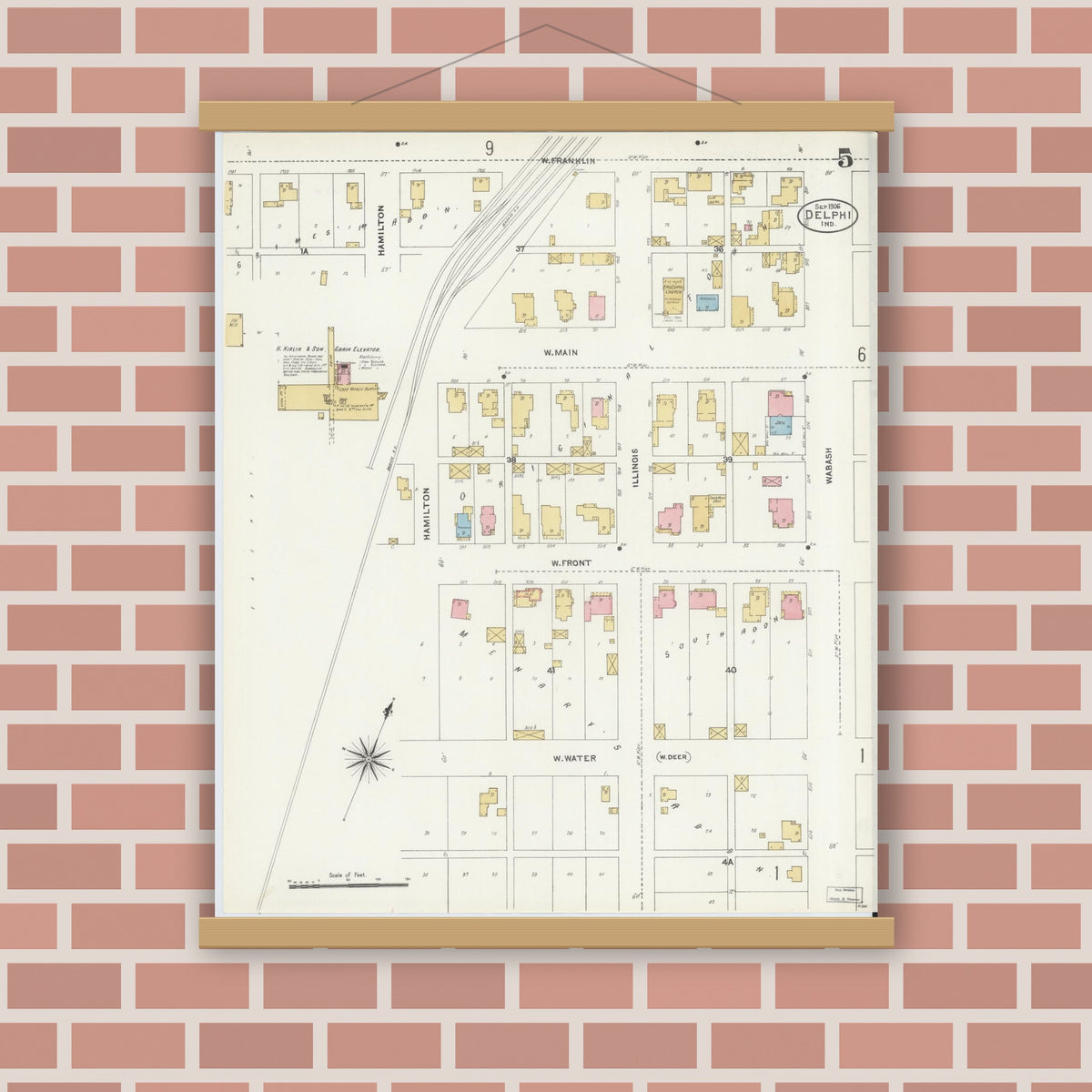 Old map wall art mockup — magnetic wood frame on brick wall — Sanborn Fire Insurance Map from Delphi, Carroll County, Indiana (1906), Sheet #0005
