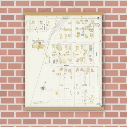 Old map wall art mockup — magnetic wood frame on brick wall — Sanborn Fire Insurance Map from Delphi, Carroll County, Indiana (1906), Sheet #0005