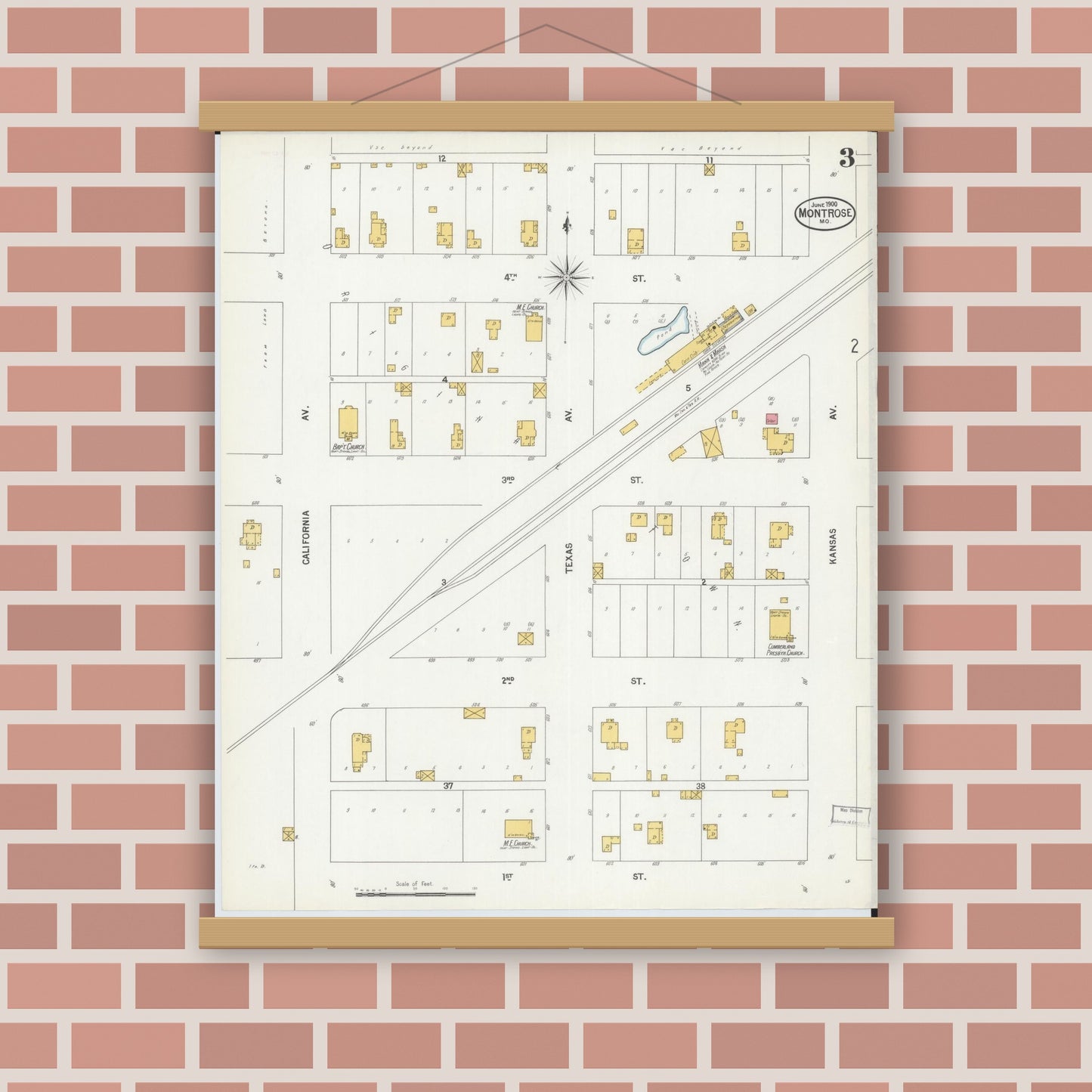Old map wall art mockup — magnetic wood frame on brick wall — Sanborn Fire Insurance Map from Montrose, Henry County, Missouri (1900), Sheet #0003