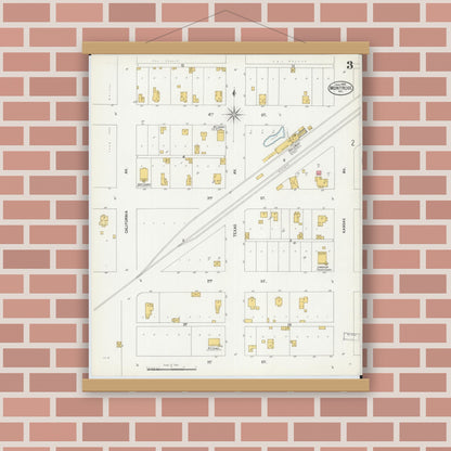 Old map wall art mockup — magnetic wood frame on brick wall — Sanborn Fire Insurance Map from Montrose, Henry County, Missouri (1900), Sheet #0003