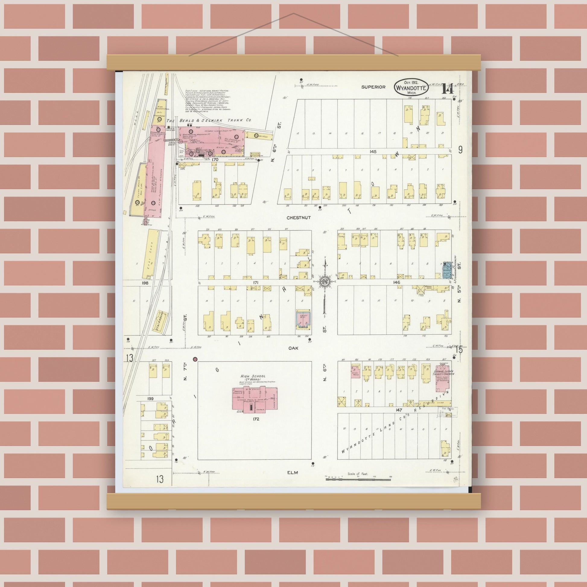 Old map wall art mockup — magnetic wood frame on brick wall — Sanborn Fire Insurance Map from Wyandotte, Wayne County, Michigan (1912), Sheet #0014
