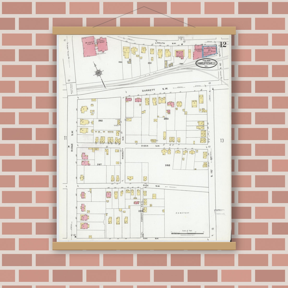 Old map wall art mockup — magnetic wood frame on brick wall — Sanborn Fire Insurance Map from Charlottesville, Independent Cities, Virginia (1920), Sheet #0012