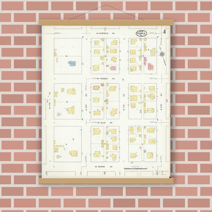 Old map wall art mockup — magnetic wood frame on brick wall — Sanborn Fire Insurance Map from Temple, Bell County, Texas (1915), Sheet #0004