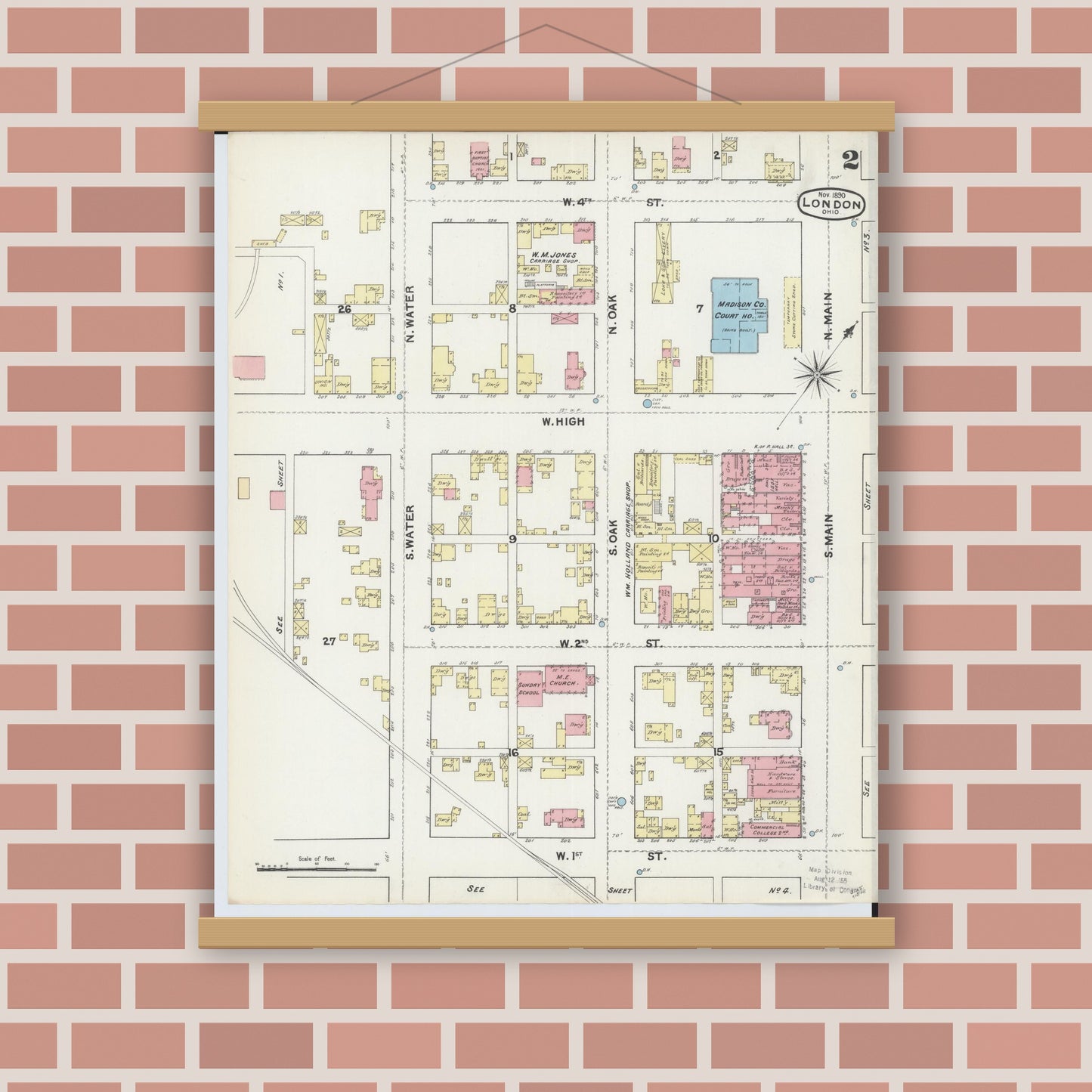 Old map wall art mockup — magnetic wood frame on brick wall — Sanborn Fire Insurance Map from London, Madison County, Ohio (1890), Sheet #0002