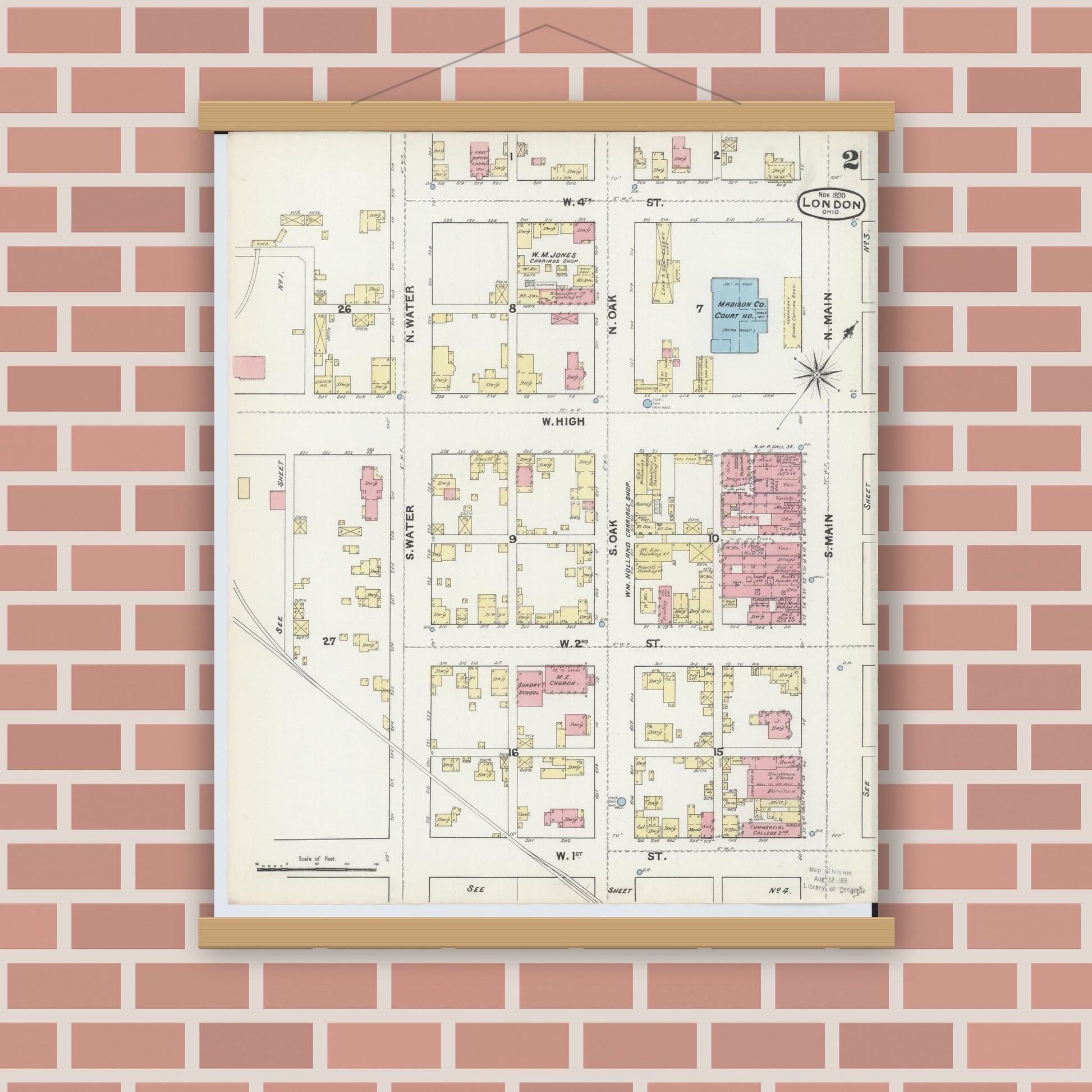 Old map wall art mockup — magnetic wood frame on brick wall — Sanborn Fire Insurance Map from London, Madison County, Ohio (1890), Sheet #0002