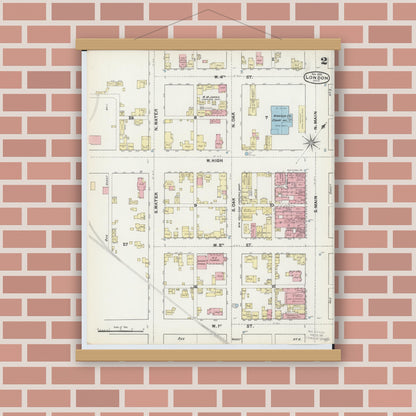 Old map wall art mockup — magnetic wood frame on brick wall — Sanborn Fire Insurance Map from London, Madison County, Ohio (1890), Sheet #0002