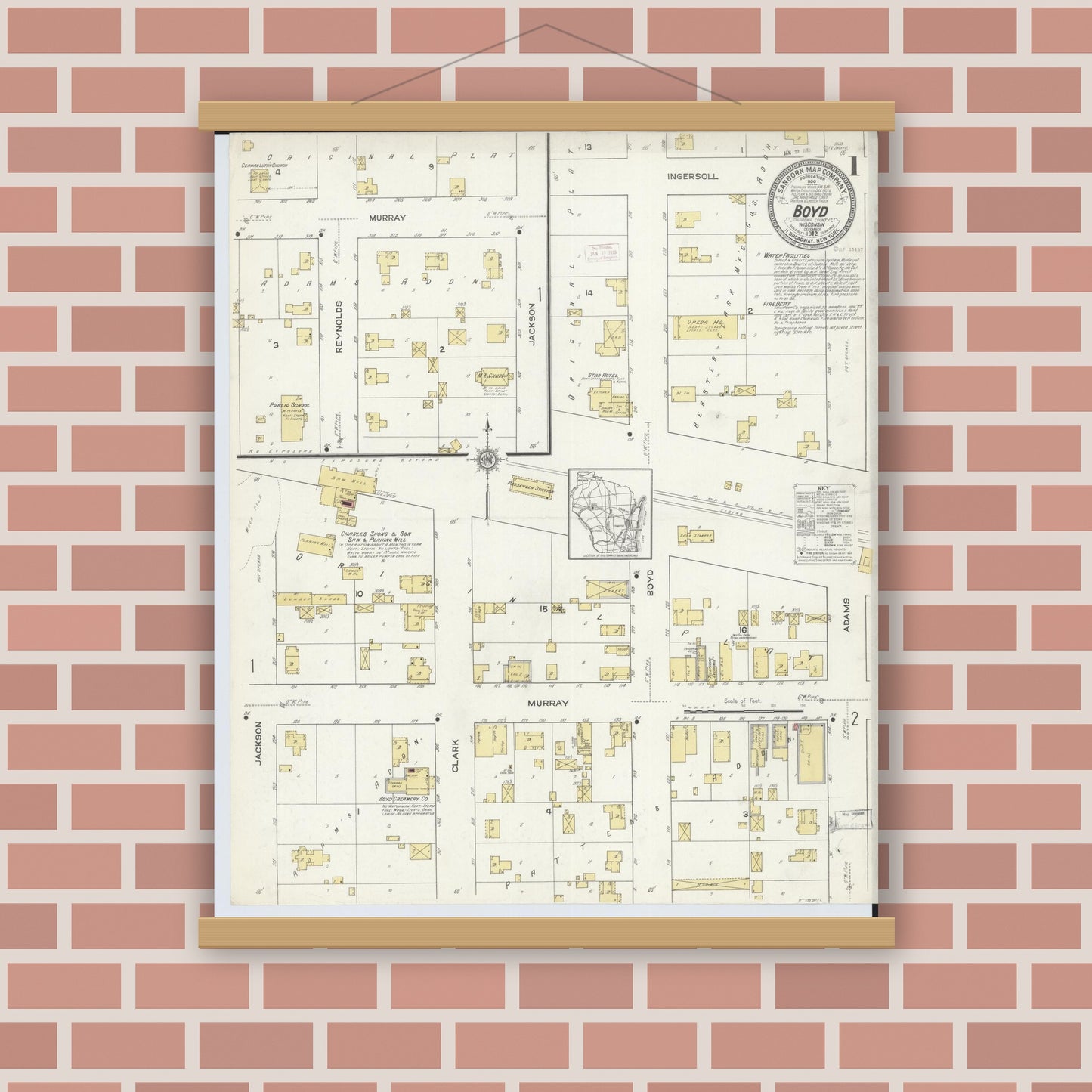 Old map wall art mockup — magnetic wood frame on brick wall — Sanborn Fire Insurance Map from Boyd, Chippewa County, Wisconsin (1912) - Complete Map Set