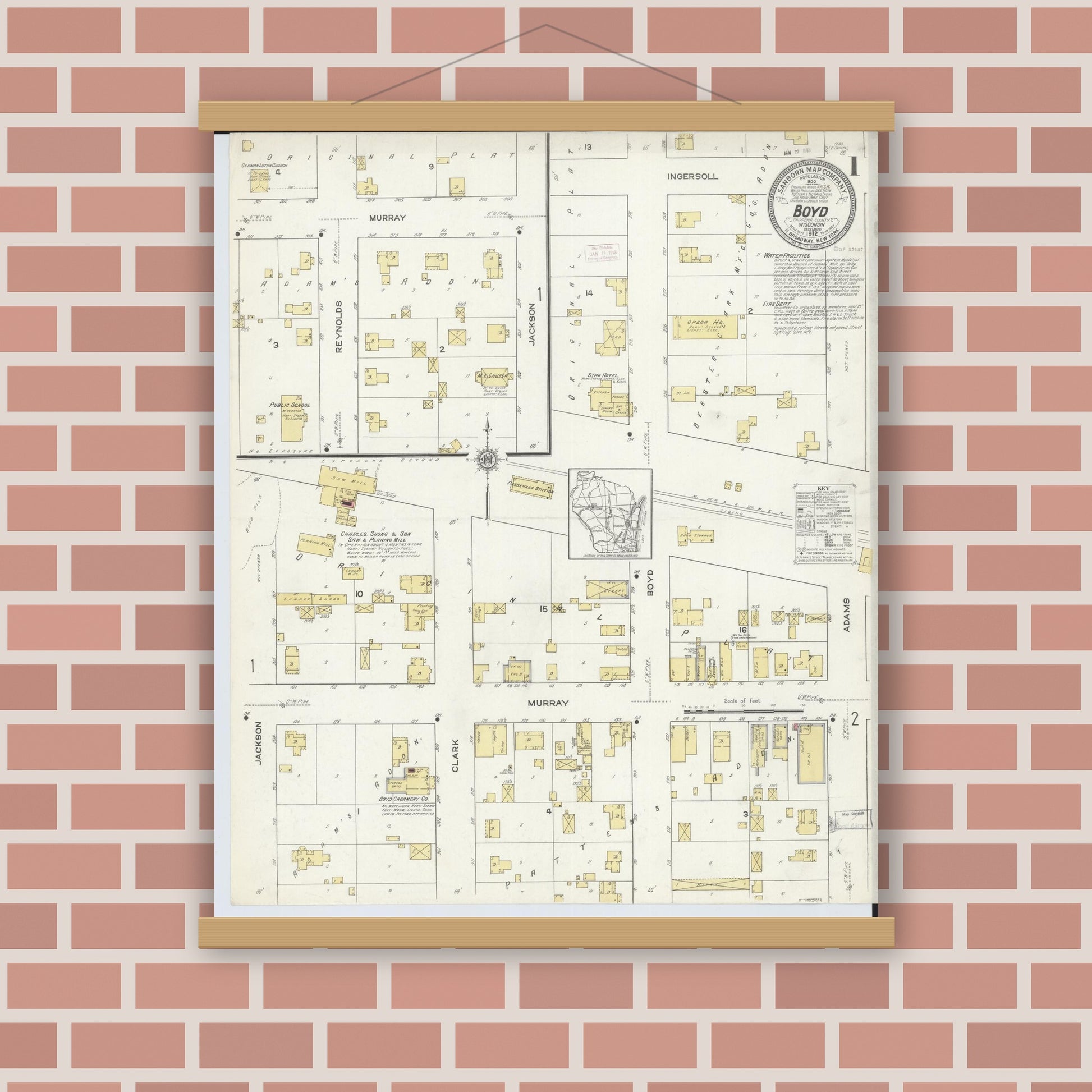 Old map wall art mockup — magnetic wood frame on brick wall — Sanborn Fire Insurance Map from Boyd, Chippewa County, Wisconsin (1912) - Complete Map Set