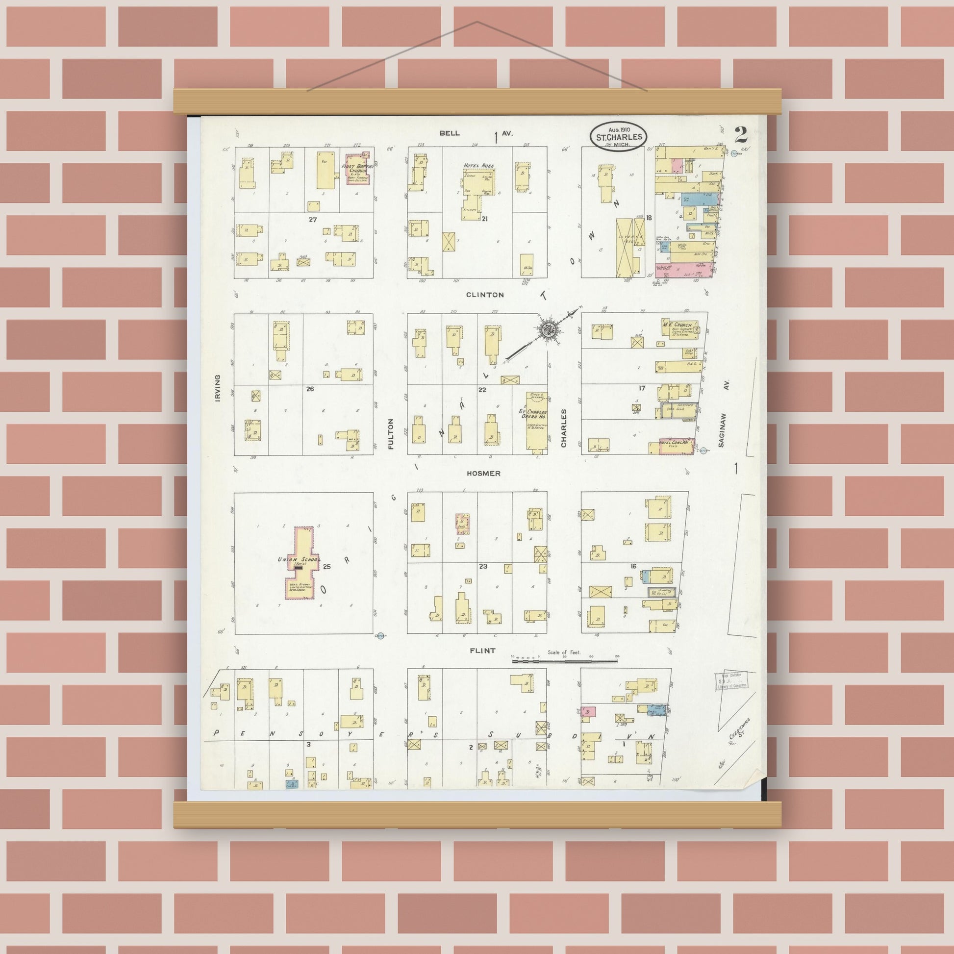 Old map wall art mockup — magnetic wood frame on brick wall — Sanborn Fire Insurance Map from Saint Charles, Saginaw County, Michigan (1910), Sheet #0002