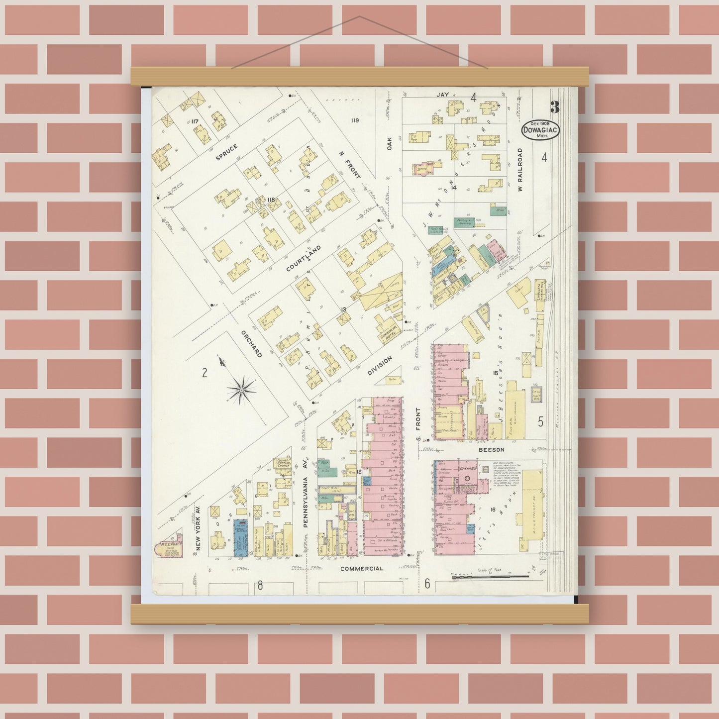 Old map wall art mockup — magnetic wood frame on brick wall — Sanborn Fire Insurance Map from Dowagiac, Cass County, Michigan (1908), Sheet #0003