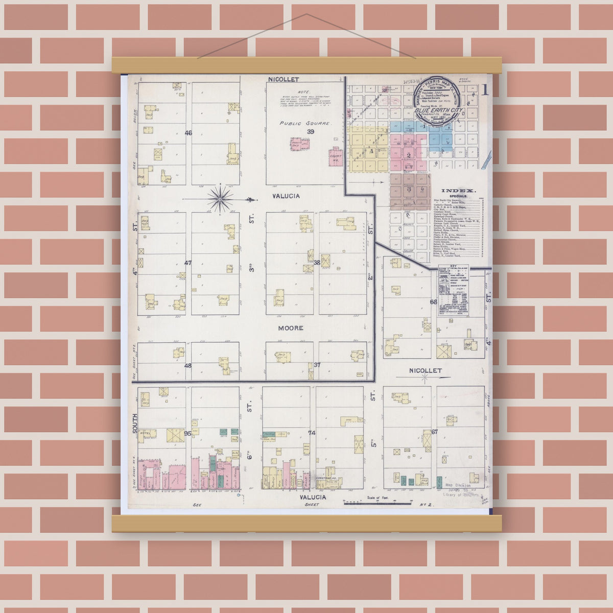 Old map wall art mockup — magnetic wood frame on brick wall — Sanborn Fire Insurance Map from Blue Earth, Faribault County, Minnesota (1891) - Complete Map Set