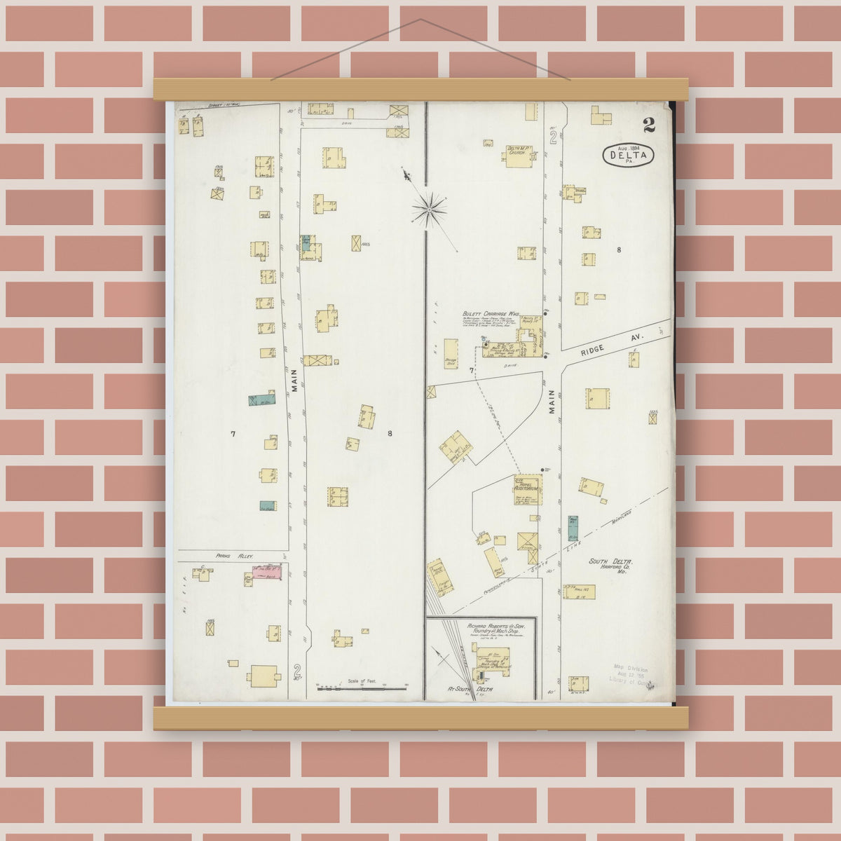 Old map wall art mockup — magnetic wood frame on brick wall — Sanborn Fire Insurance Map from Delta, York County, Pennsylvania (1894), Sheet #0002