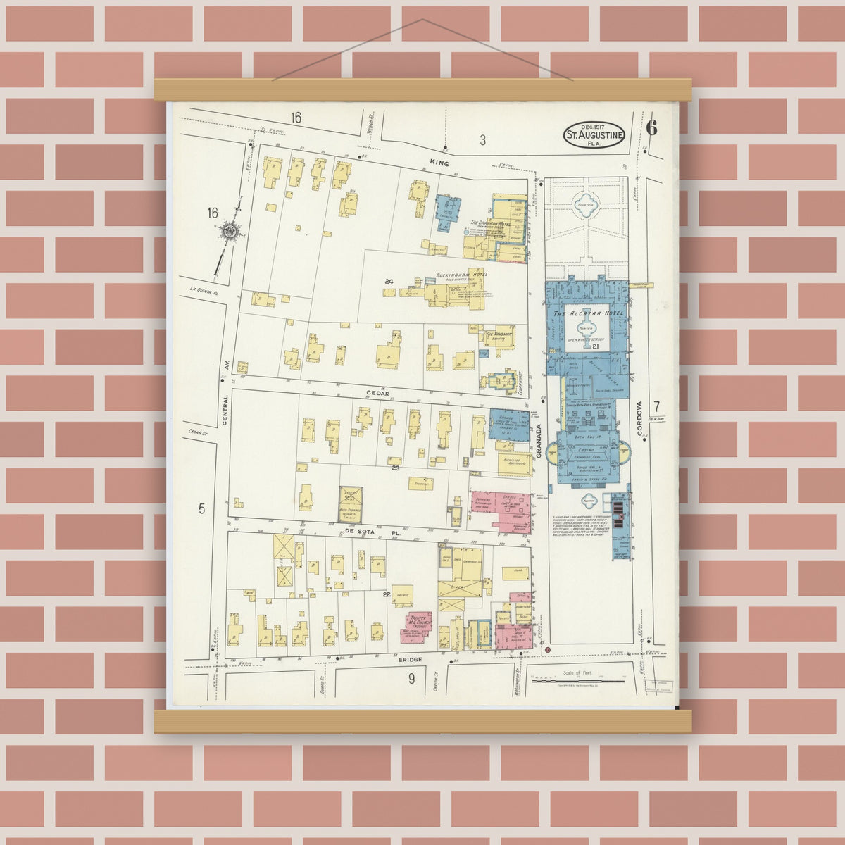 Old map wall art mockup — magnetic wood frame on brick wall — Sanborn Fire Insurance Map from Saint Augustine, Saint John's County, Florida (1917), Sheet #0006