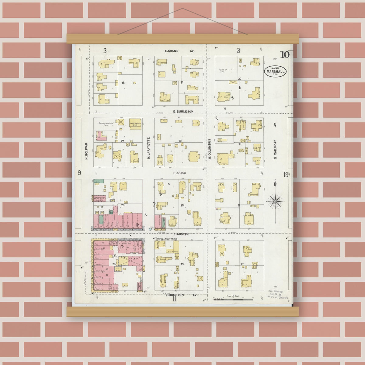 Old map wall art mockup — magnetic wood frame on brick wall — Sanborn Fire Insurance Map from Marshall, Harrison County, Texas (1899), Sheet #0010