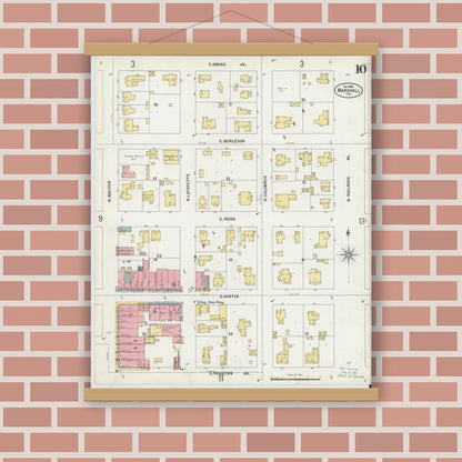 Old map wall art mockup — magnetic wood frame on brick wall — Sanborn Fire Insurance Map from Marshall, Harrison County, Texas (1899), Sheet #0010