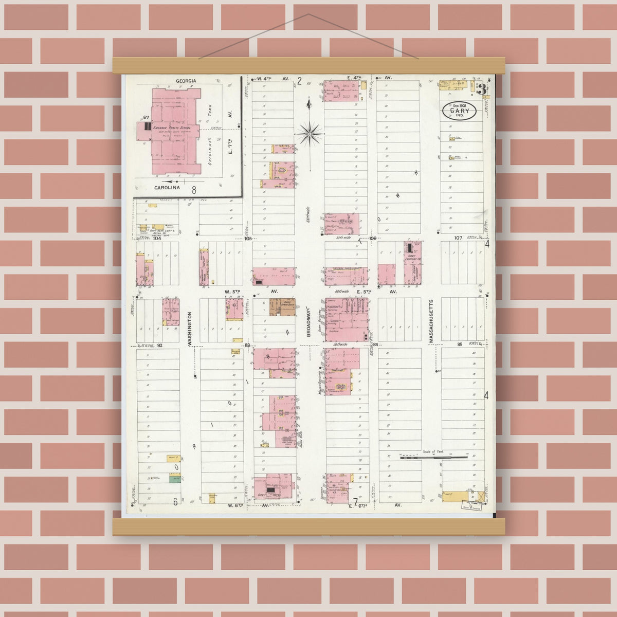Old map wall art mockup — magnetic wood frame on brick wall — Sanborn Fire Insurance Map from Gary, Lake County, Indiana (1908), Sheet #0003