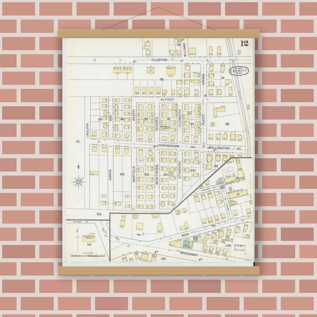 Old map wall art mockup — magnetic wood frame on brick wall — Sanborn Fire Insurance Map from Everett, Middlesex County, Massachusetts (1892), Sheet #0012