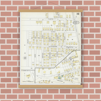 Old map wall art mockup — magnetic wood frame on brick wall — Sanborn Fire Insurance Map from Everett, Middlesex County, Massachusetts (1892), Sheet #0012