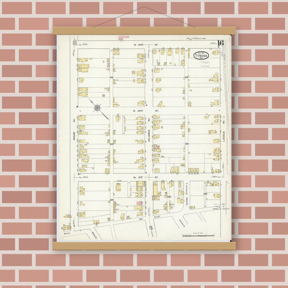 Old map wall art mockup — magnetic wood frame on brick wall — Sanborn Fire Insurance Map from Tyrone, Blair County, Pennsylvania (1911), Sheet #0016
