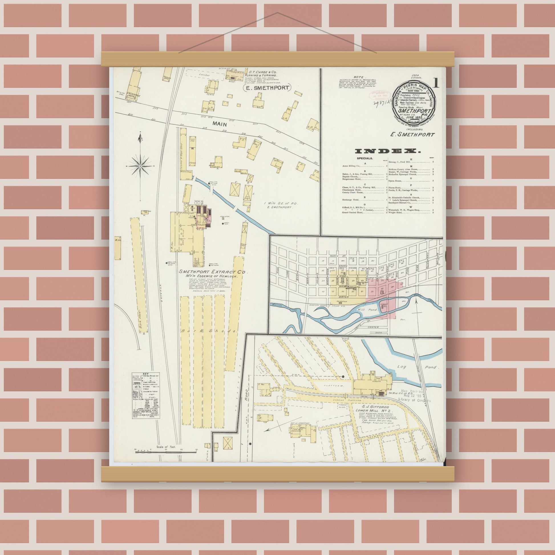 Old map wall art mockup — magnetic wood frame on brick wall — Sanborn Fire Insurance Map from Smethport, McKean County, Pennsylvania (1892) - Complete Map Set