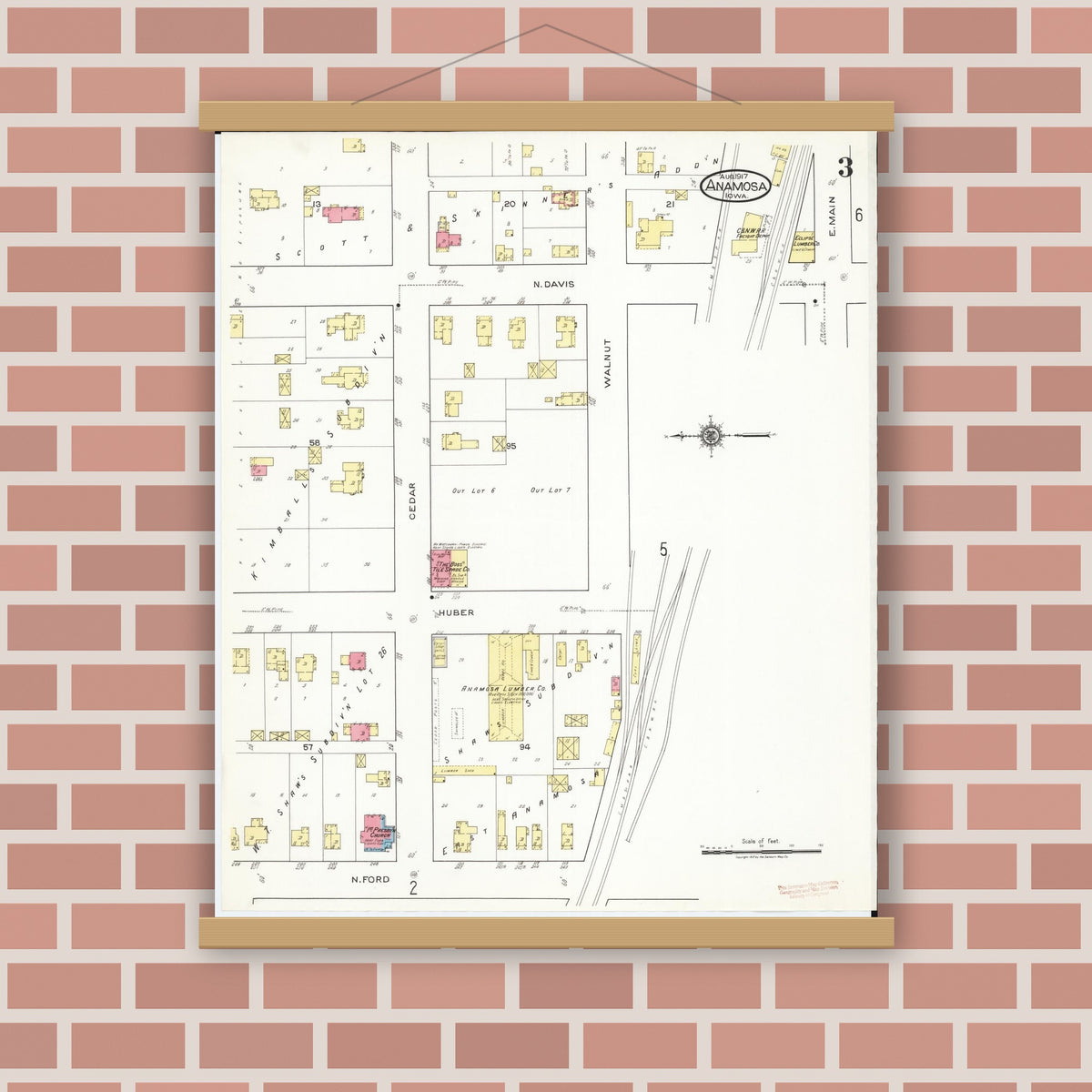 Old map wall art mockup — magnetic wood frame on brick wall — Sanborn Fire Insurance Map from Anamosa, Jones County, Iowa (1917), Sheet #0003