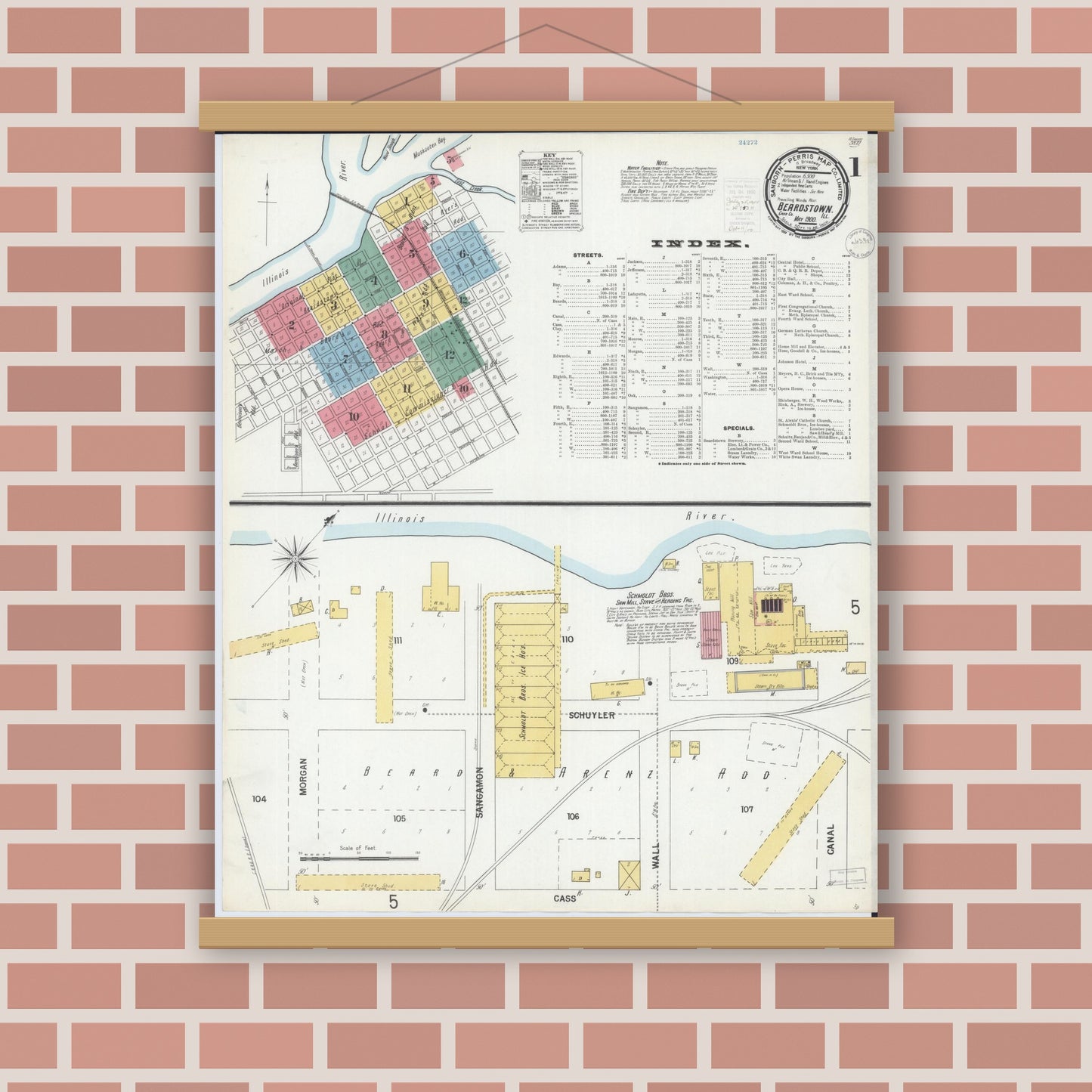 Old map wall art mockup — magnetic wood frame on brick wall — Sanborn Fire Insurance Map from Beardstown, Cass County, Illinois (1900), Sheet #0001