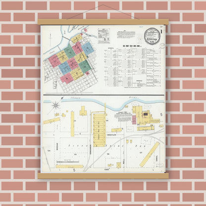 Old map wall art mockup — magnetic wood frame on brick wall — Sanborn Fire Insurance Map from Beardstown, Cass County, Illinois (1900), Sheet #0001