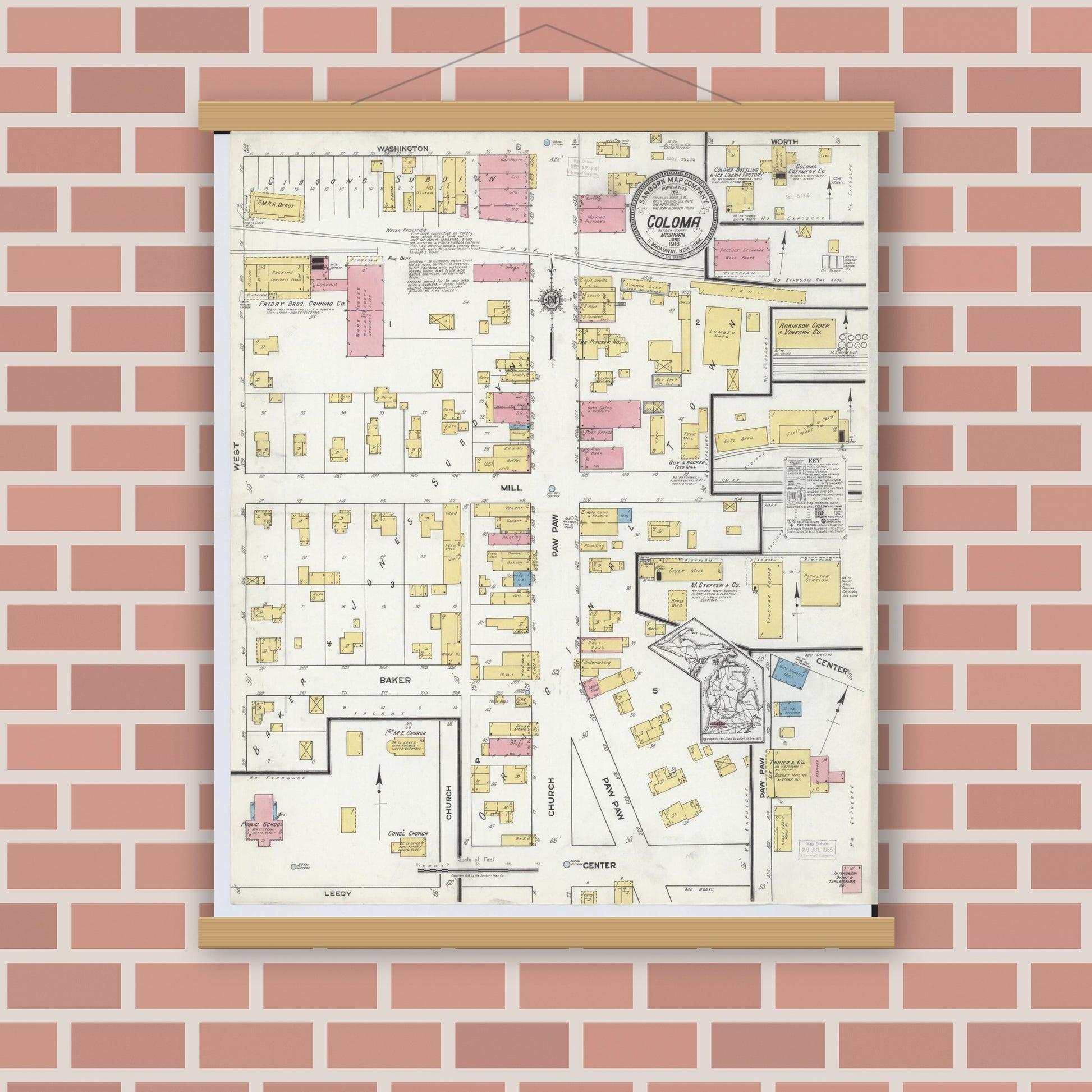 Old map wall art mockup — magnetic wood frame on brick wall — Sanborn Fire Insurance Map from Coloma, Berrien County, Michigan (1918), Sheet #0001