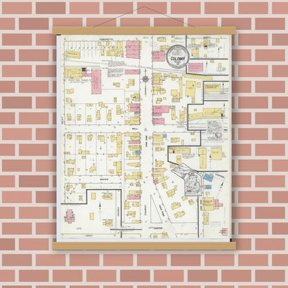 Old map wall art mockup — magnetic wood frame on brick wall — Sanborn Fire Insurance Map from Coloma, Berrien County, Michigan (1918), Sheet #0001