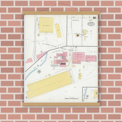Old map wall art mockup — magnetic wood frame on brick wall — Sanborn Fire Insurance Map from Pekin, Tazewell County, Illinois (1903), Sheet #0016