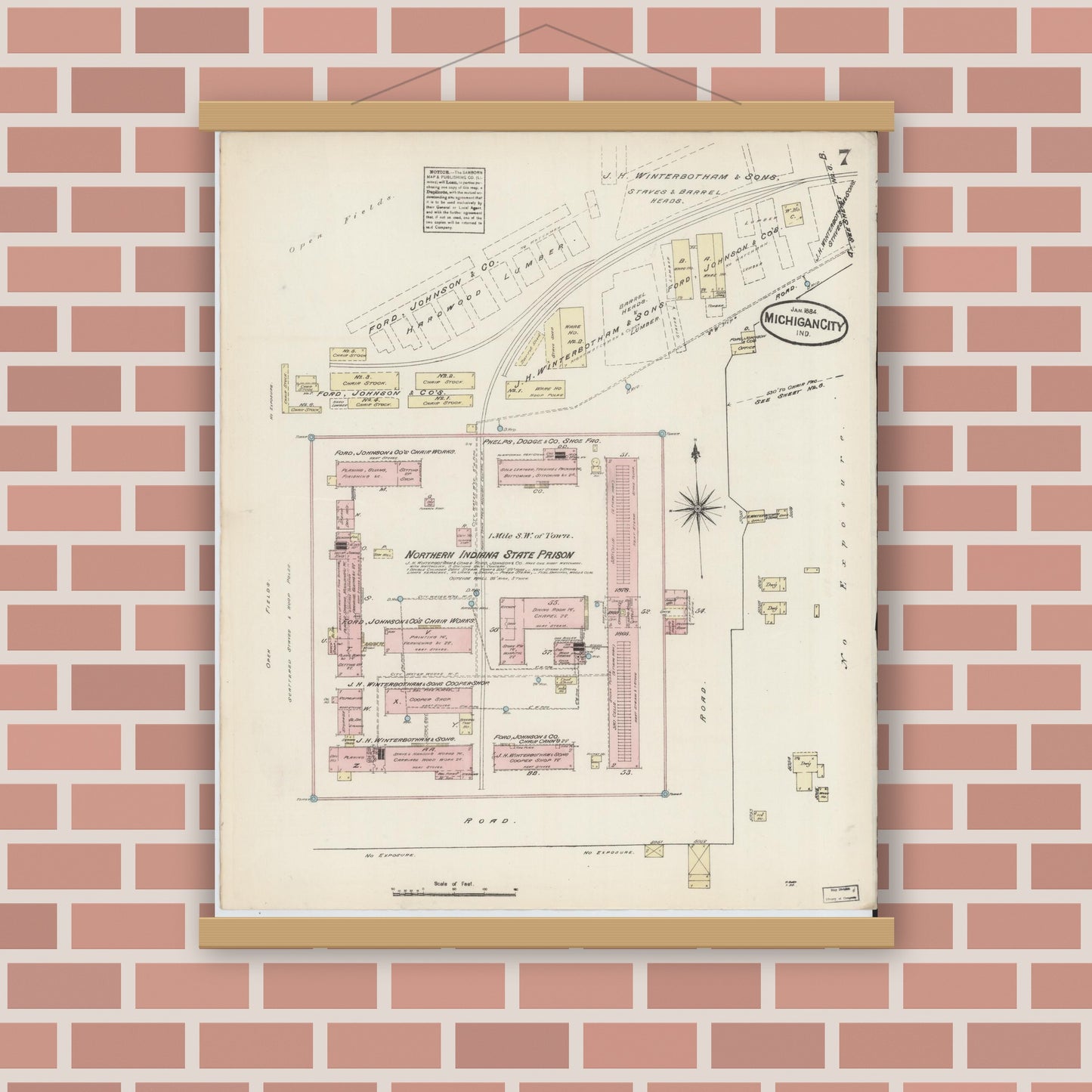 Old map wall art mockup — magnetic wood frame on brick wall — Sanborn Fire Insurance Map from Michigan City, La Porte  County, Indiana (1884), Sheet #0007