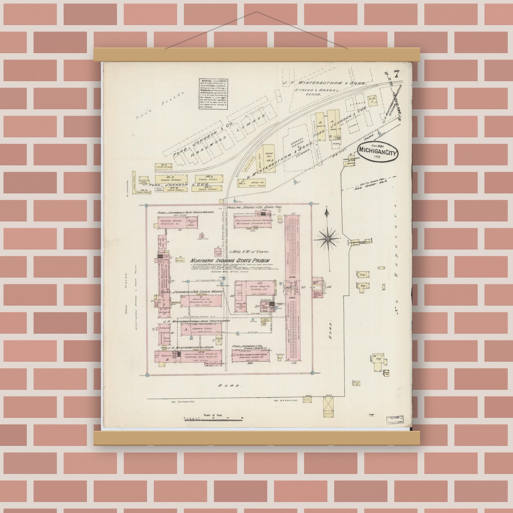Old map wall art mockup — magnetic wood frame on brick wall — Sanborn Fire Insurance Map from Michigan City, La Porte  County, Indiana (1884), Sheet #0007