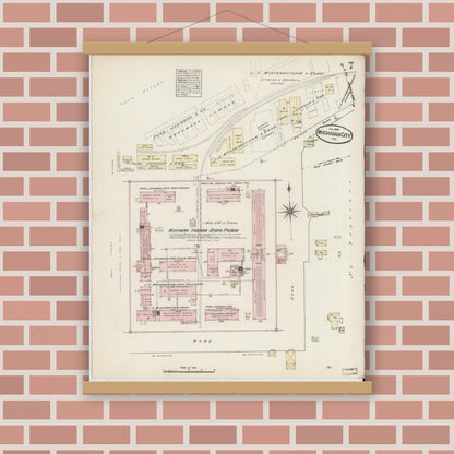 Old map wall art mockup — magnetic wood frame on brick wall — Sanborn Fire Insurance Map from Michigan City, La Porte  County, Indiana (1884), Sheet #0007