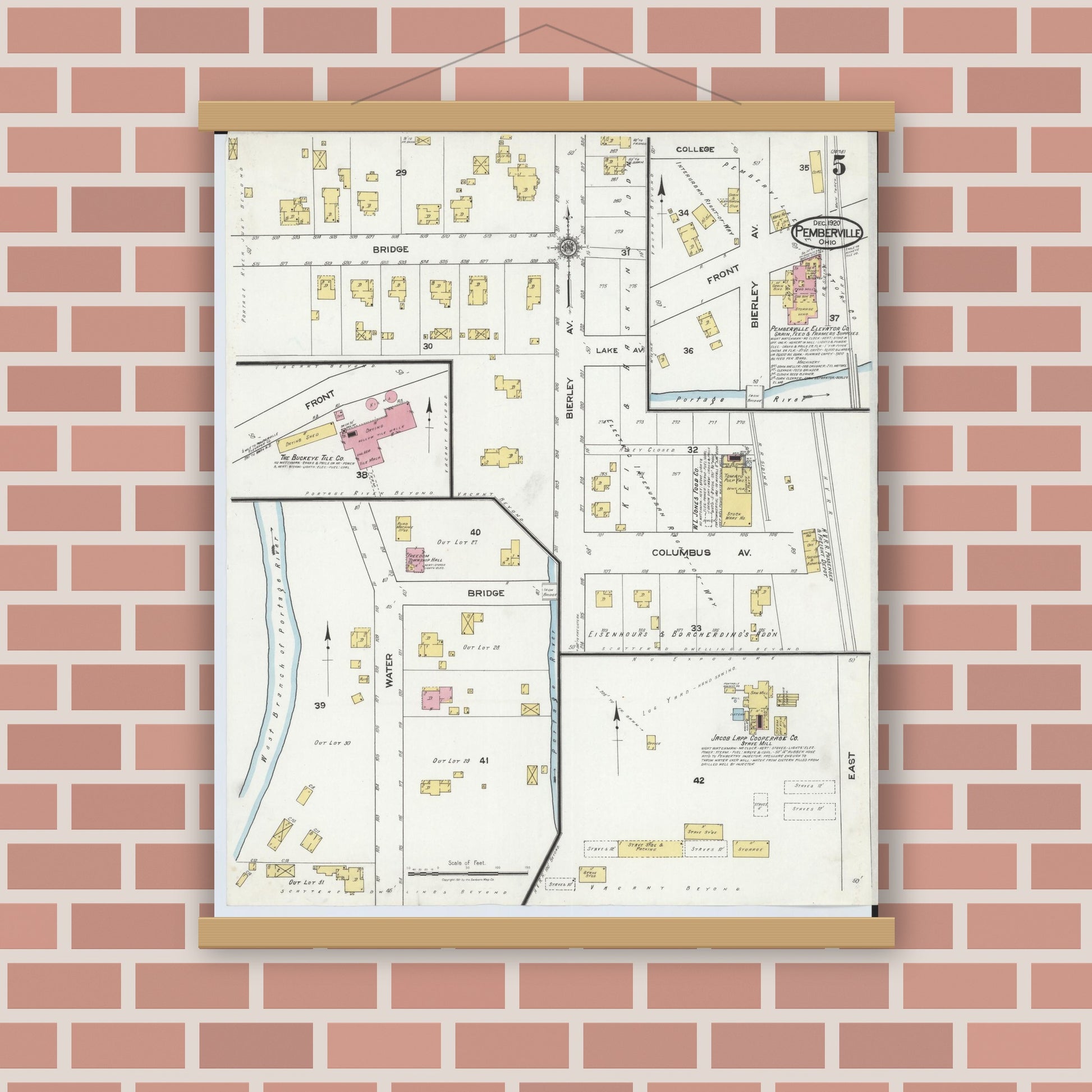 Old map wall art mockup — magnetic wood frame on brick wall — Sanborn Fire Insurance Map from Pemberville, Wood County, Ohio (1920), Sheet #0005