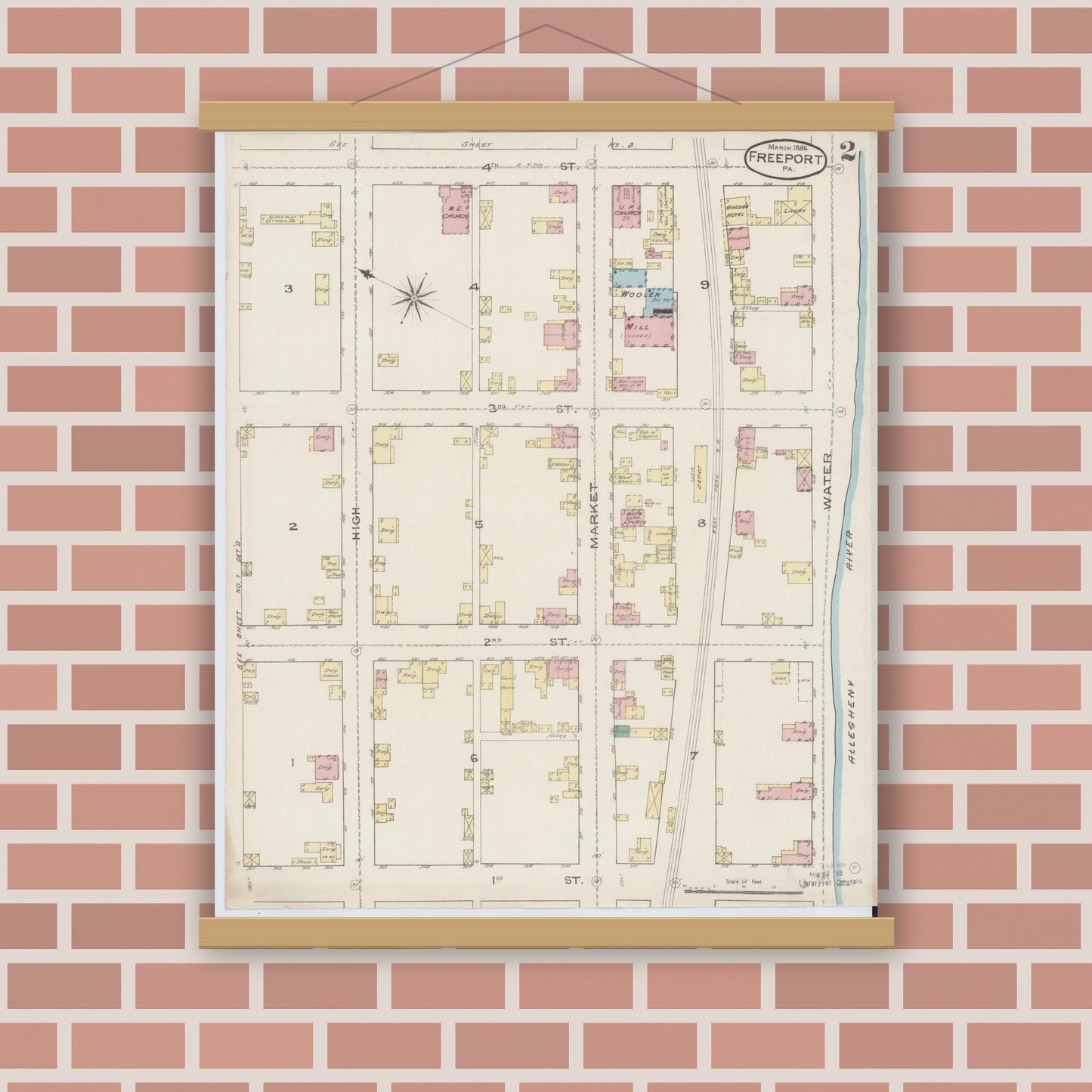 Old map wall art mockup — magnetic wood frame on brick wall — Sanborn Fire Insurance Map from Freeport, Armstrong County, Pennsylvania (1886), Sheet #0002